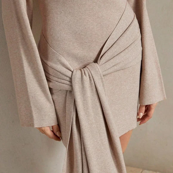 Apricot Casual Women's Crew Neck Long Sleeve Tie Hem Casual Sweater Dress - Picture 7 of 7